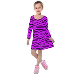 Hot Neon Pink And Black Tiger Stripes Kids  Long Sleeve Velvet Dress by PodArtist