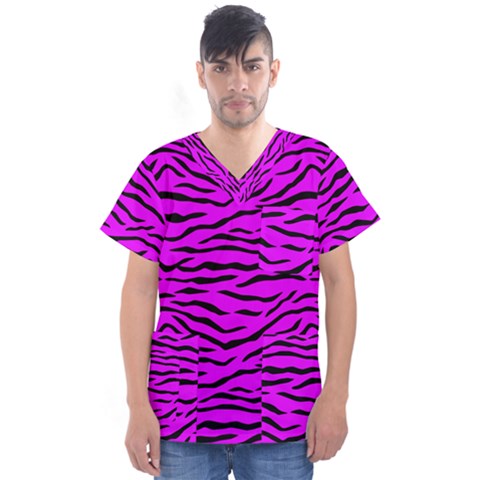 Hot Neon Pink And Black Tiger Stripes Men s V-neck Scrub Top by PodArtist