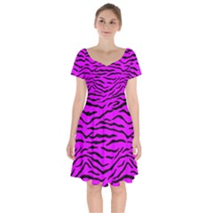 Hot Neon Pink And Black Tiger Stripes Short Sleeve Bardot Dress by PodArtist