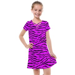 Hot Neon Pink And Black Tiger Stripes Kids  Cross Web Dress by PodArtist