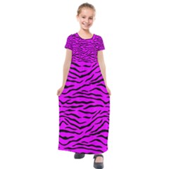 Hot Neon Pink And Black Tiger Stripes Kids  Short Sleeve Maxi Dress by PodArtist