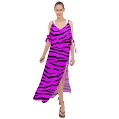 Hot Neon Pink And Black Tiger Stripes Maxi Chiffon Cover Up Dress by PodArtist