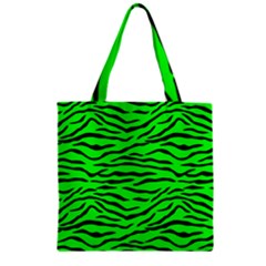 Bright Neon Green And Black Tiger Stripes  Zipper Grocery Tote Bag by PodArtist