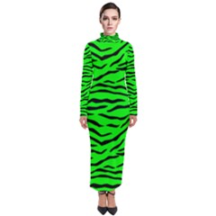 Bright Neon Green And Black Tiger Stripes  Turtleneck Maxi Dress by PodArtist