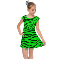 Bright Neon Green And Black Tiger Stripes  Kids Cap Sleeve Dress by PodArtist