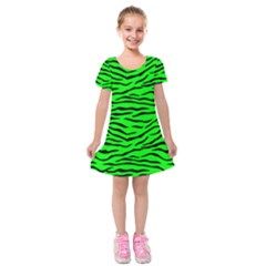 Bright Neon Green And Black Tiger Stripes  Kids  Short Sleeve Velvet Dress by PodArtist