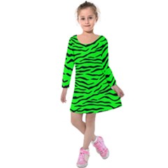 Bright Neon Green And Black Tiger Stripes  Kids  Long Sleeve Velvet Dress by PodArtist