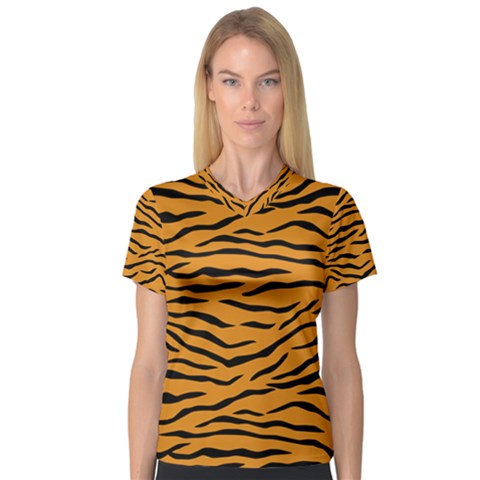 Orange And Black Tiger Stripes V-neck Sport Mesh Tee by PodArtist