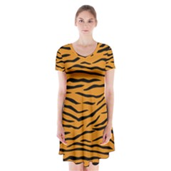 Orange And Black Tiger Stripes Short Sleeve V-neck Flare Dress by PodArtist