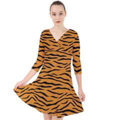 Orange And Black Tiger Stripes Quarter Sleeve Front Wrap Dress by PodArtist