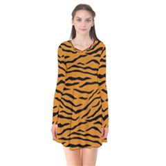 Orange And Black Tiger Stripes Long Sleeve V-neck Flare Dress by PodArtist