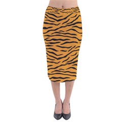 Orange And Black Tiger Stripes Velvet Midi Pencil Skirt by PodArtist