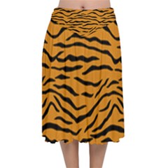 Orange And Black Tiger Stripes Velvet Flared Midi Skirt by PodArtist