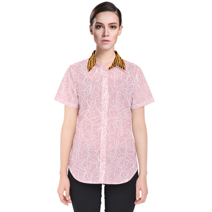 Elios Shirt Faces in White Outlines on Pale Pink CMBYN Women s Short Sleeve Shirt