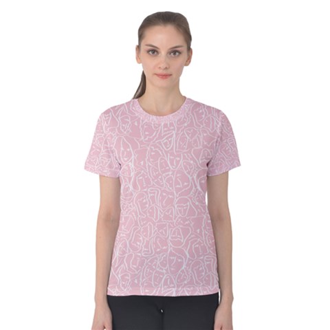 Elios Shirt Faces In White Outlines On Pale Pink Cmbyn Women s Cotton Tee by PodArtist