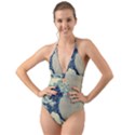 The Classic Japanese Great Wave off Kanagawa by Hokusai Halter Cut-Out One Piece Swimsuit View1