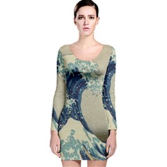 The Classic Japanese Great Wave Off Kanagawa By Hokusai Long Sleeve Velvet Bodycon Dress by PodArtist