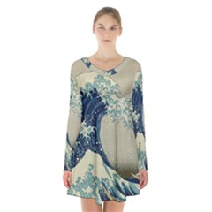 The Classic Japanese Great Wave Off Kanagawa By Hokusai Long Sleeve Velvet V-neck Dress by PodArtist