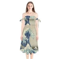 The Classic Japanese Great Wave Off Kanagawa By Hokusai Shoulder Tie Bardot Midi Dress by PodArtist