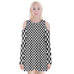 Black And White Checkerboard Weimaraner Velvet Long Sleeve Shoulder Cutout Dress by PodArtist