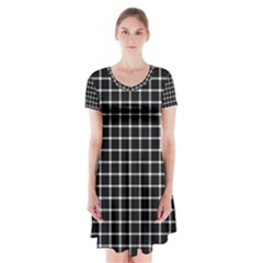 Black And White Optical Illusion Dots And Lines Short Sleeve V-neck Flare Dress by PodArtist