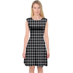 Black And White Optical Illusion Dots And Lines Capsleeve Midi Dress by PodArtist