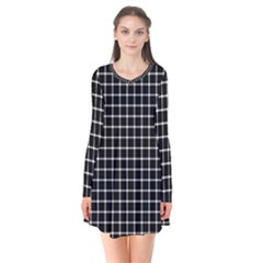 Black And White Optical Illusion Dots And Lines Long Sleeve V-neck Flare Dress by PodArtist