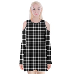 Black And White Optical Illusion Dots And Lines Velvet Long Sleeve Shoulder Cutout Dress by PodArtist