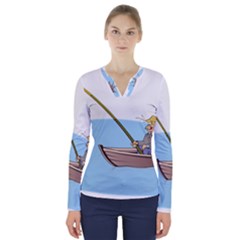 Fishing Fish Fisherman Boat Mare V-neck Long Sleeve Top by Sapixe