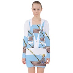 Fishing Fish Fisherman Boat Mare V-neck Bodycon Long Sleeve Dress by Sapixe