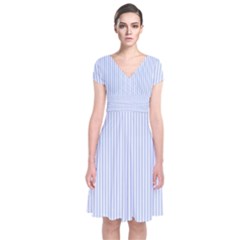 Alice Blue Pinstripe In An English Country Garden Short Sleeve Front Wrap Dress by PodArtist