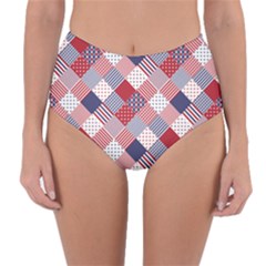 Usa Americana Diagonal Red White & Blue Quilt Reversible High-waist Bikini Bottoms by PodArtist