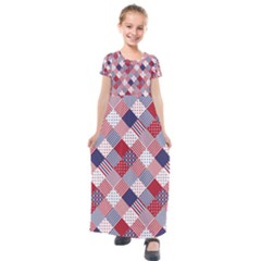 Usa Americana Diagonal Red White & Blue Quilt Kids  Short Sleeve Maxi Dress