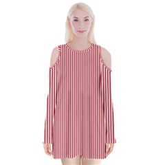 Usa Flag Red And White Stripes Velvet Long Sleeve Shoulder Cutout Dress by PodArtist