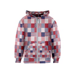 Usa Americana Patchwork Red White & Blue Quilt Kids  Zipper Hoodie by PodArtist