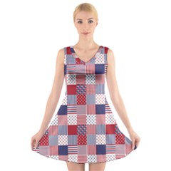 Usa Americana Patchwork Red White & Blue Quilt V-neck Sleeveless Dress by PodArtist