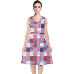 Usa Americana Patchwork Red White & Blue Quilt V-neck Midi Sleeveless Dress  by PodArtist