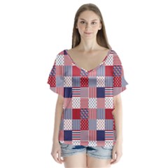 Usa Americana Patchwork Red White & Blue Quilt V-neck Flutter Sleeve Top by PodArtist