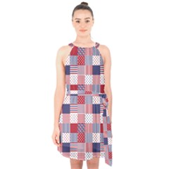 Usa Americana Patchwork Red White & Blue Quilt Halter Collar Waist Tie Chiffon Dress by PodArtist