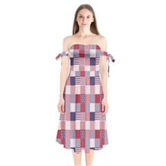 Usa Americana Patchwork Red White & Blue Quilt Shoulder Tie Bardot Midi Dress by PodArtist