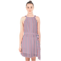 Usa Flag Red And Flag Blue Narrow Thin Stripes  Halter Collar Waist Tie Chiffon Dress by PodArtist