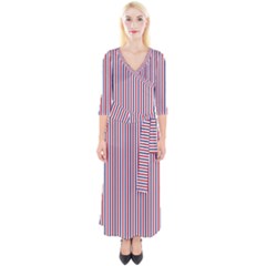 Usa Flag Red And Flag Blue Narrow Thin Stripes  Quarter Sleeve Wrap Maxi Dress by PodArtist