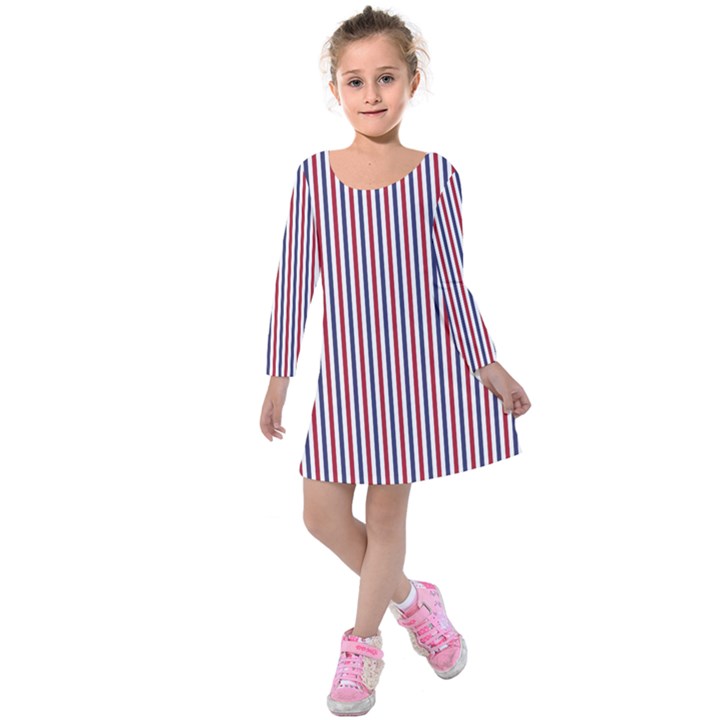 USA Flag Red and Flag Blue Narrow Thin Stripes  Kids  Long Sleeve Velvet Dress