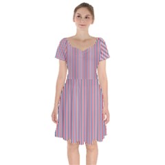 Usa Flag Red And Flag Blue Narrow Thin Stripes  Short Sleeve Bardot Dress by PodArtist