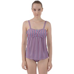 Usa Flag Red And Flag Blue Narrow Thin Stripes  Twist Front Tankini Set by PodArtist