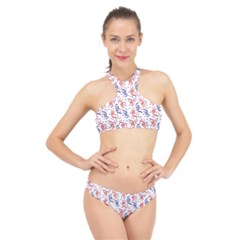 Red White And Blue Usa/uk/france Colored Party Streamers High Neck Bikini Set by PodArtist