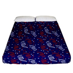 Red White And Blue Usa/uk/france Colored Party Streamers On Blue Fitted Sheet (california King Size) by PodArtist