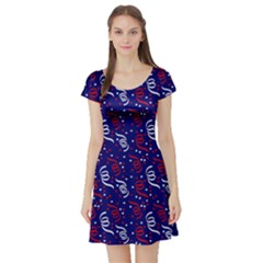 Red White And Blue Usa/uk/france Colored Party Streamers On Blue Short Sleeve Skater Dress by PodArtist