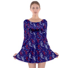 Red White And Blue Usa/uk/france Colored Party Streamers On Blue Long Sleeve Skater Dress by PodArtist