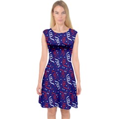 Red White And Blue Usa/uk/france Colored Party Streamers On Blue Capsleeve Midi Dress by PodArtist